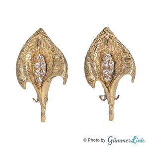 Vintage Dodds Textured Calla Lily Rhinestone Gold Tone Clip On Earrings